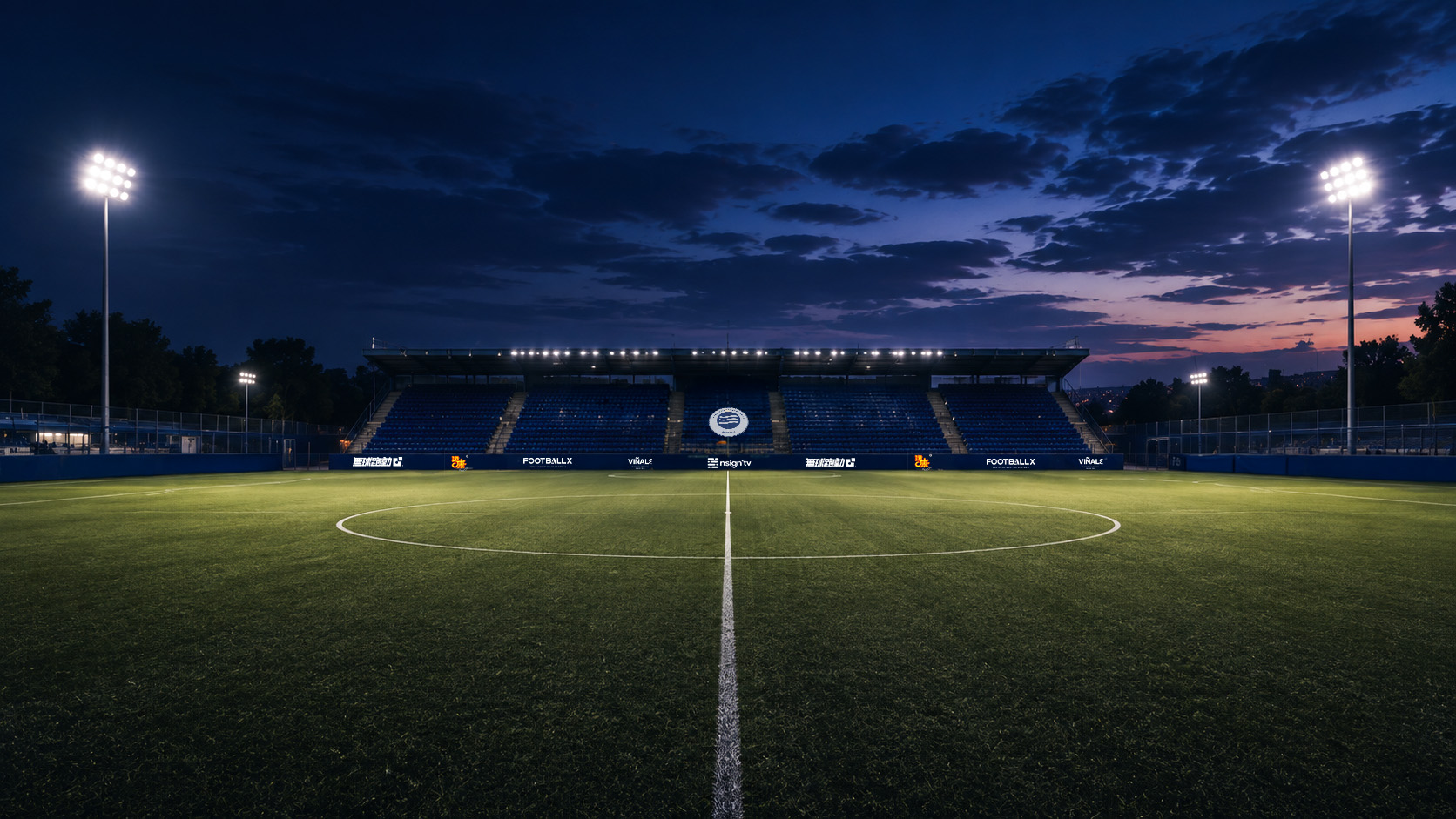 Inter Barcelona stadium at blue hour, floodlights on