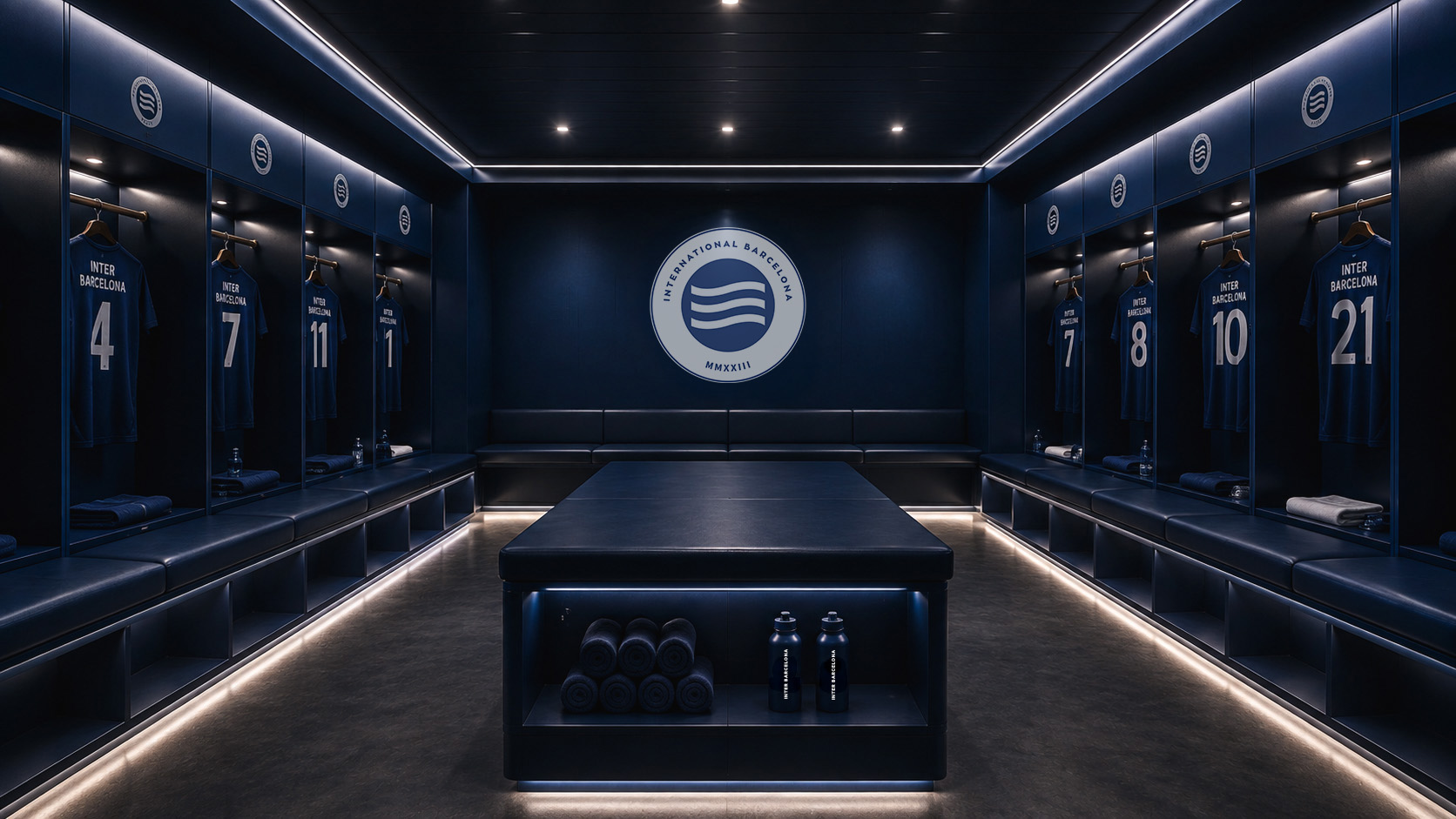 Inter Barcelona locker room with the tactical table at its centre