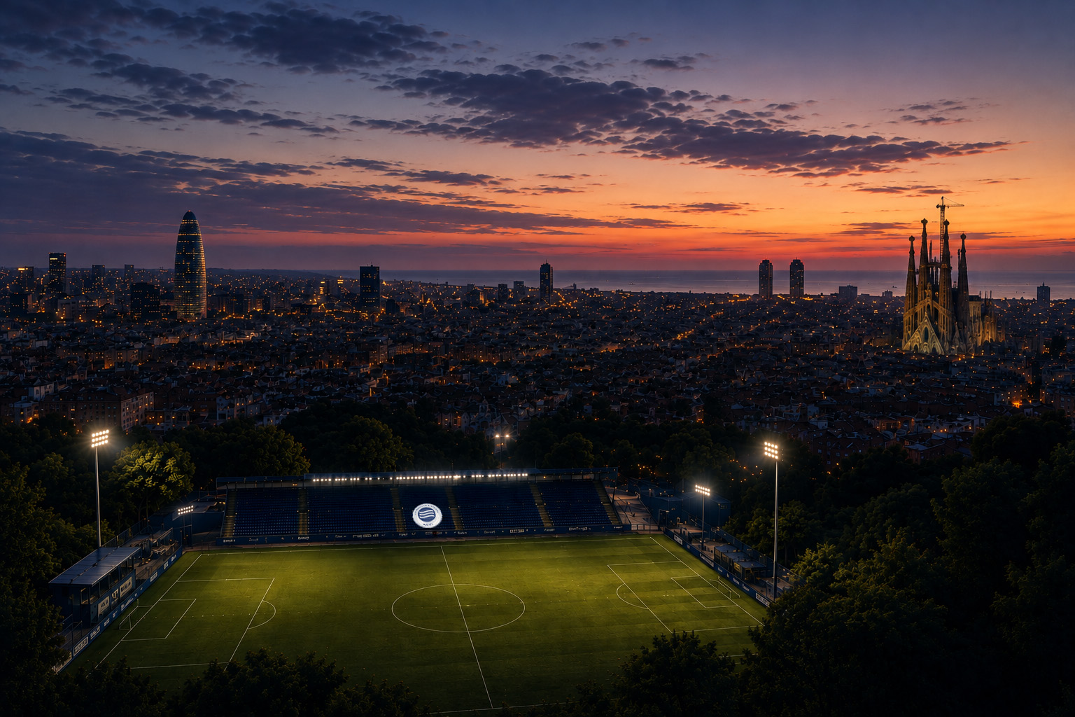 Barcelona skyline at sunset above the club pitch
