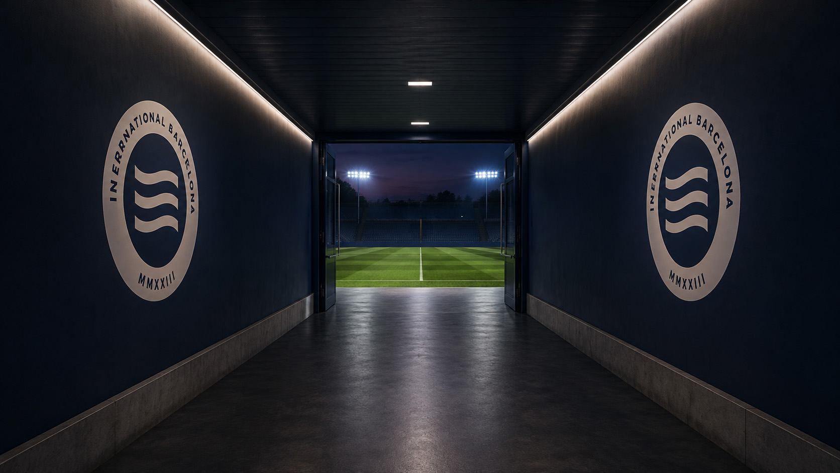 Player tunnel opening onto the floodlit pitch